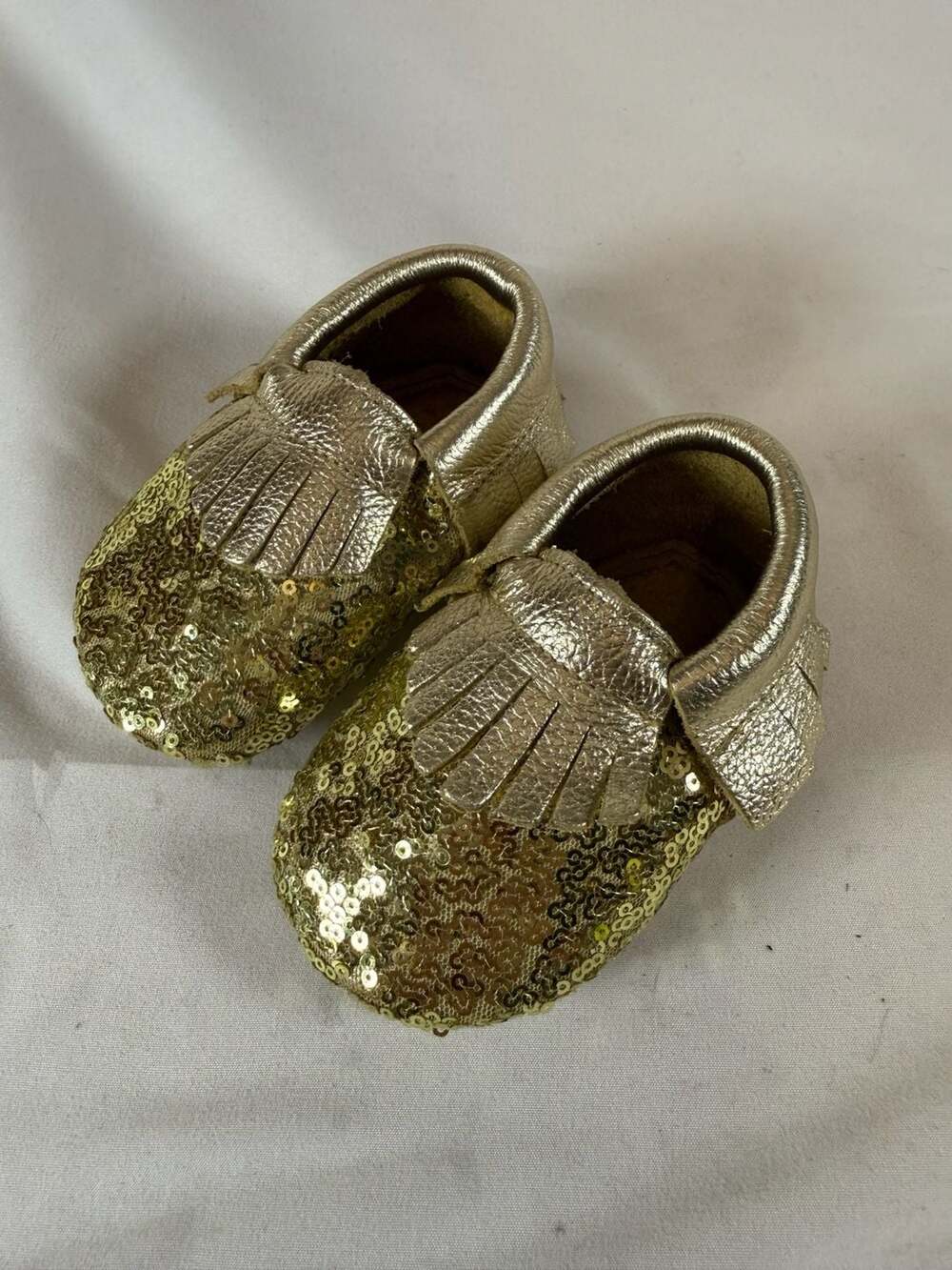 Baby Moccasins Size 3 Gold Sequin Fringe Leather Crib Shoes Baby Gifts Fancy Fem